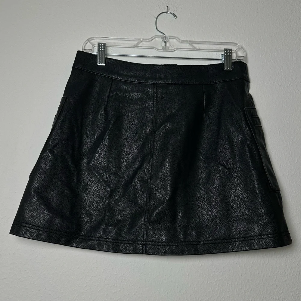 Free People Vegan Leather Black A-Line Zip Front Mini Skirt